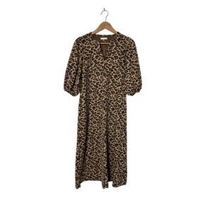 Tyler Böe Leopard Midi Dress Brown Stretch Puff Sleeve Chic Womens XS